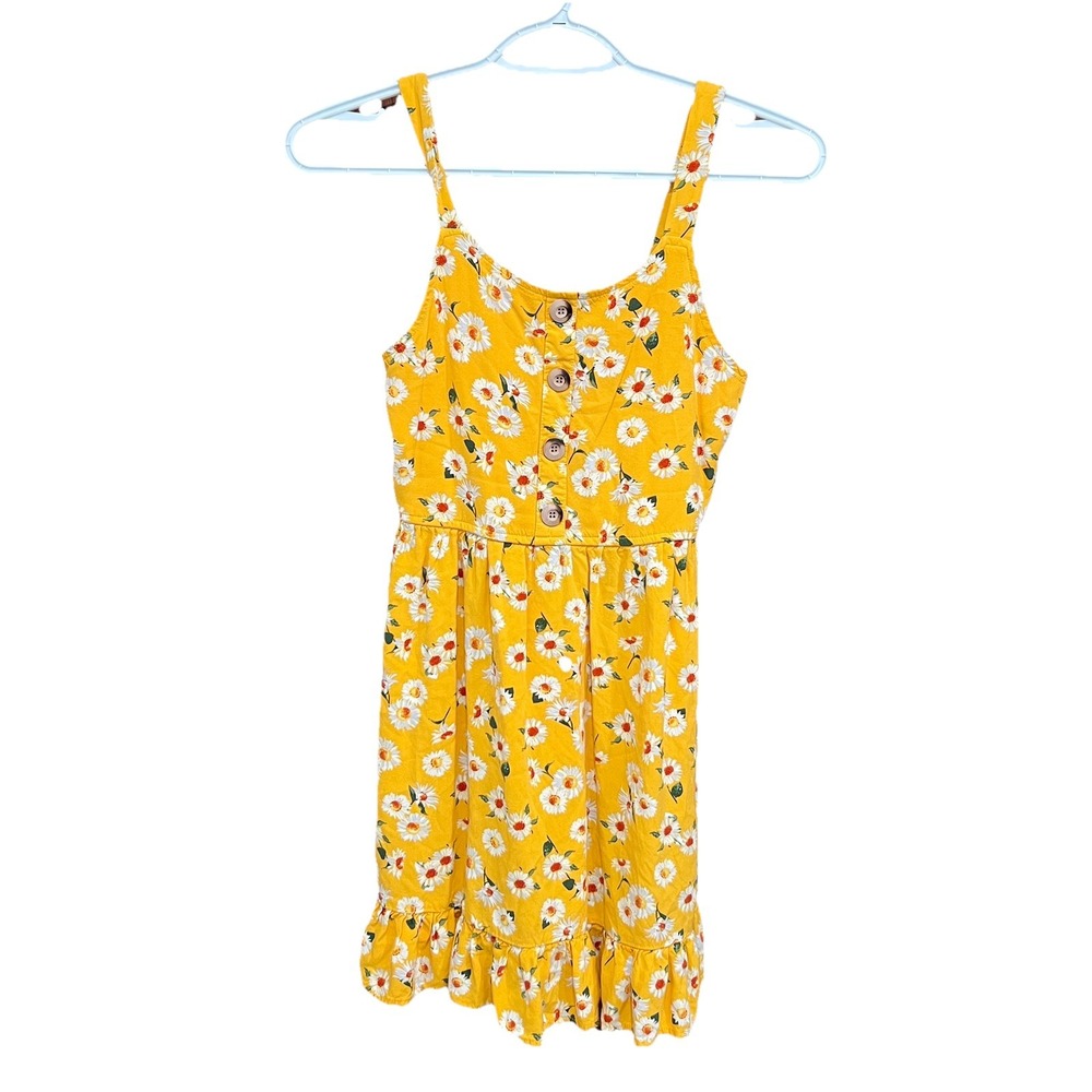Zunie Yellow‎ Daisy Print Dress Button Front Sleeveless Ruffle Hem M 10/12